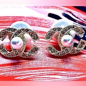 New Gold Tone Crystal Monogram Pearl Stud Earrings | Classic Luxe Style